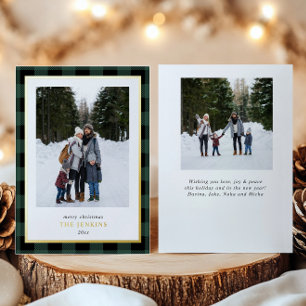 Modern Green Buffalo Plaid Christmas Two Photos Foil Holiday Card