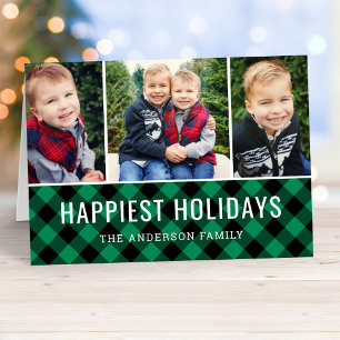 Modern Green Buffalo Plaid Photo Collage Holiday Card