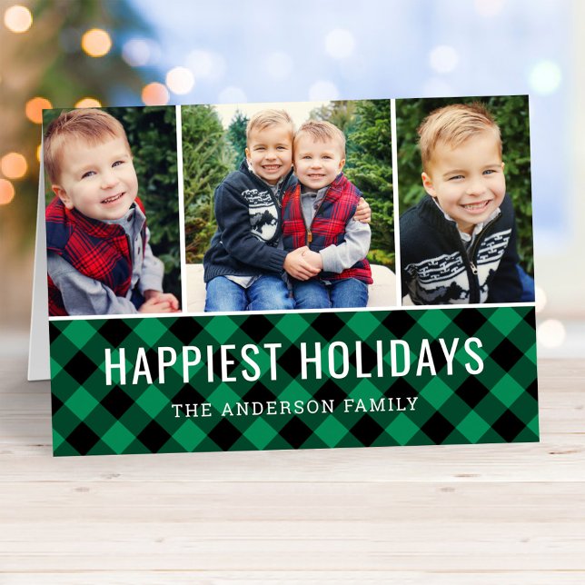Modern Green Buffalo Plaid Photo Collage Holiday Card (Creator Uploaded)