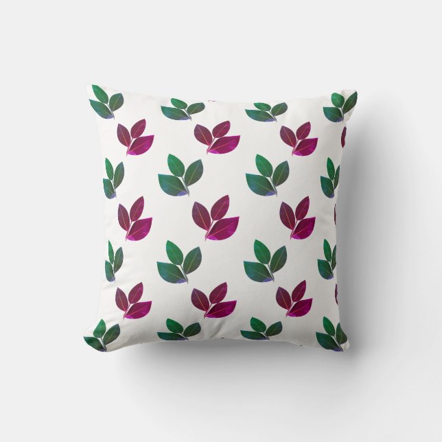 Modern Green & Burgundy Bay Leaf Pattern Throw Pillow (Front)