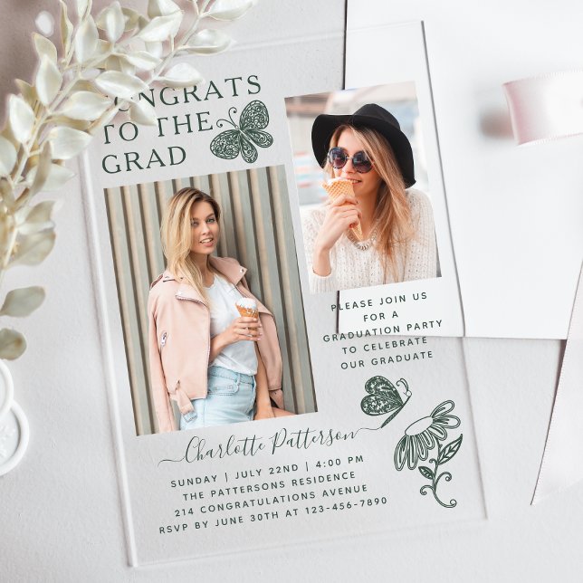 Modern Green Butterfly Photo Graduation Party Acrylic Invitations (Creator Uploaded)