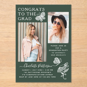 Modern Green Butterfly Photo Graduation Party Acrylic Invitations