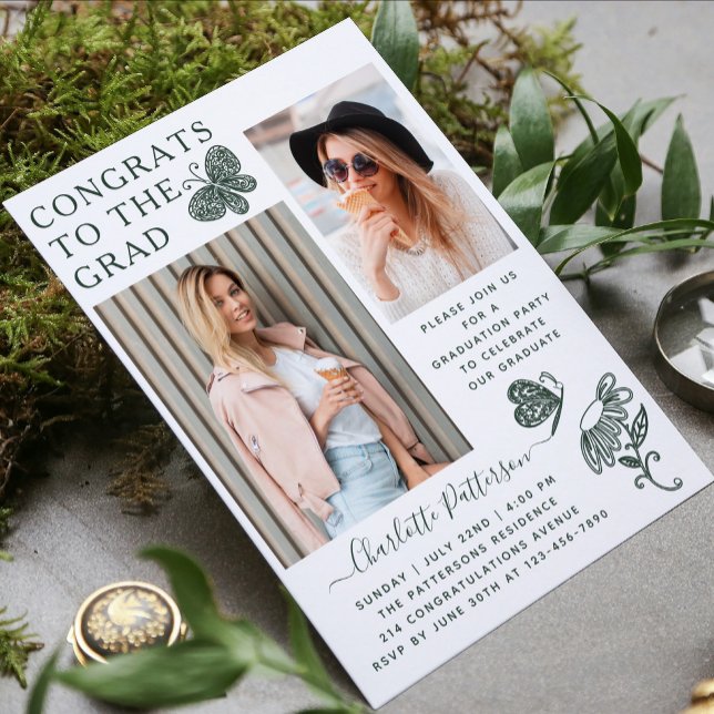 Modern Green Butterfly Photo Graduation Party Invitation (Creator Uploaded)