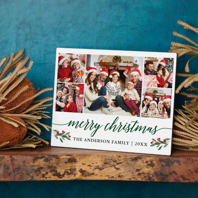 Modern Green Calligraphy 5 Photo Family Christmas Plaque (Side)