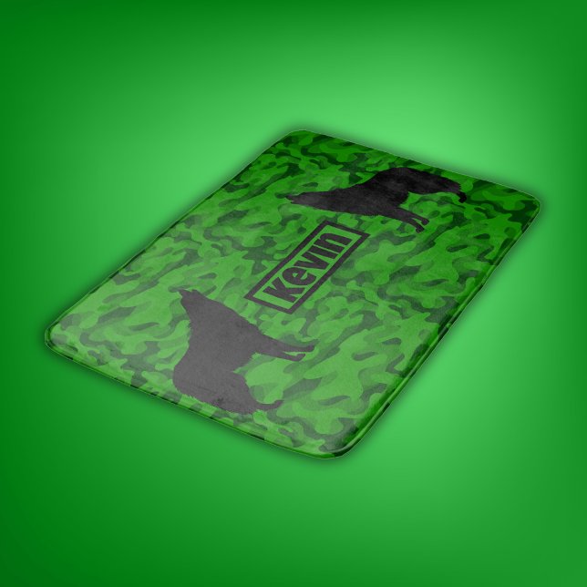 Modern Green Camo Black Wolf Silhouette Monogram | Bath Mat (Creator Uploaded)