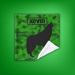 Modern Green Camo Black Wolf Silhouette Monogram Bath Towel Set