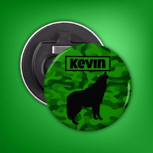 Modern Green Camo Black Wolf Silhouette Monogram   Bottle Opener