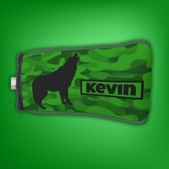 Modern Green Camo Black Wolf Silhouette Monogram | Golf Head Cover (Creator Uploaded)
