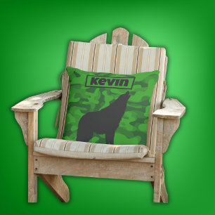 Modern Green Camo Black Wolf Silhouette Monogram Outdoor Pillow