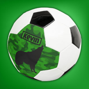 Modern Green Camo Black Wolf Silhouette Monogram   Soccer Ball