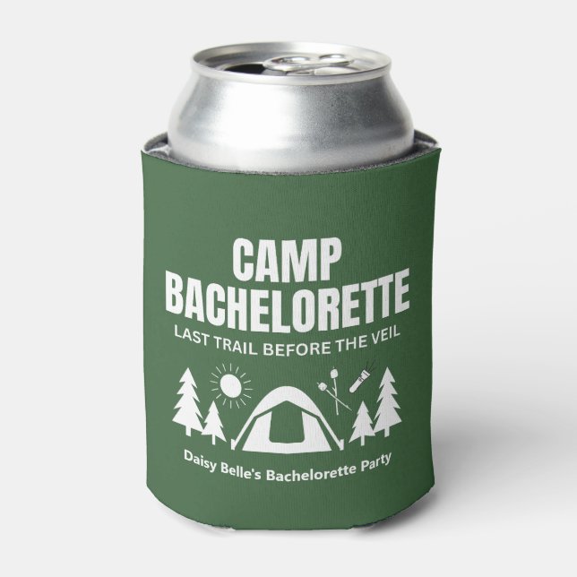 Modern Green Camp Bachelorette Weekend Can Cooler (Can Front)
