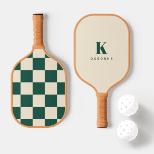 modern Green Checker Monogram Pickleball Paddle