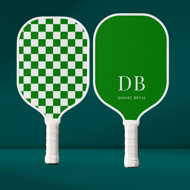 Modern Green Chequered Monogram Pickleball Paddle (Creator Uploaded)