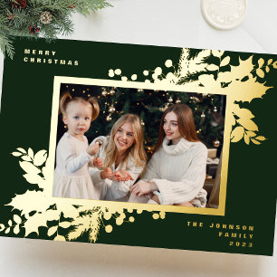Modern Green Christmas Botanical Photo GOLD Frame Foil Holiday Card