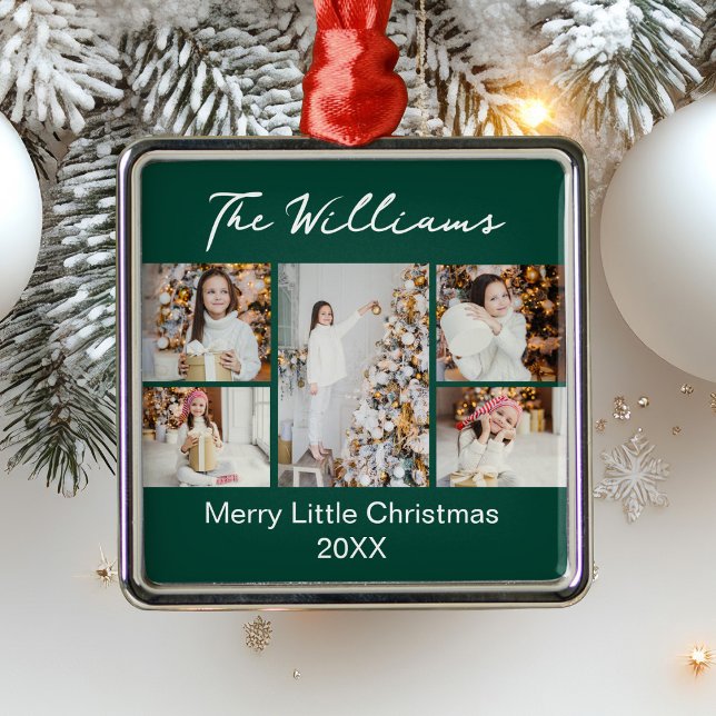 Modern Green Christmas Family Photo Collage 2025 Metal Ornament (Creator Uploaded)
