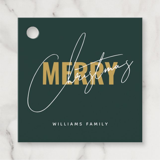 Modern green Christmas script  Favour Tags (Front)