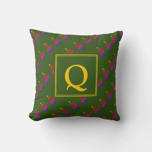 Modern GREEN Christmas Tree MONOGRAM Throw Pillow (Front)