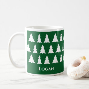 Modern Green Christmas Tree Pattern with Name Coffee Mug