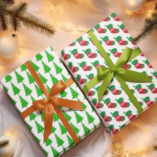 Modern Green Christmas Tree Stocking Holly Wrapping Paper Sheet