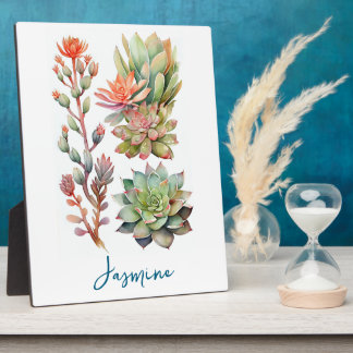 Modern Green & Coral Watercolor Succulent Plants Plaque