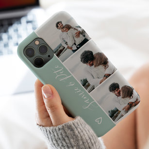 Modern green couple names 3 photos collage grid iPhone 12 case
