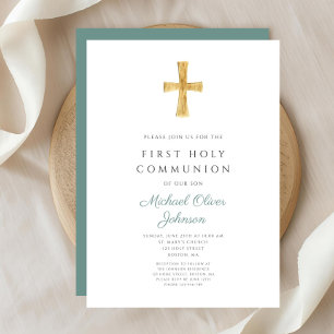 Modern Green Cross Boy First Holy Communion Invitation
