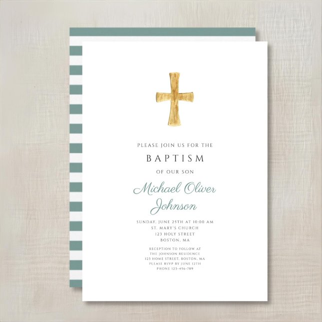 Modern Green Cross Religious Boy Baptism Invitation (Modern Green Cross Religious Boy Baptism Invitation)