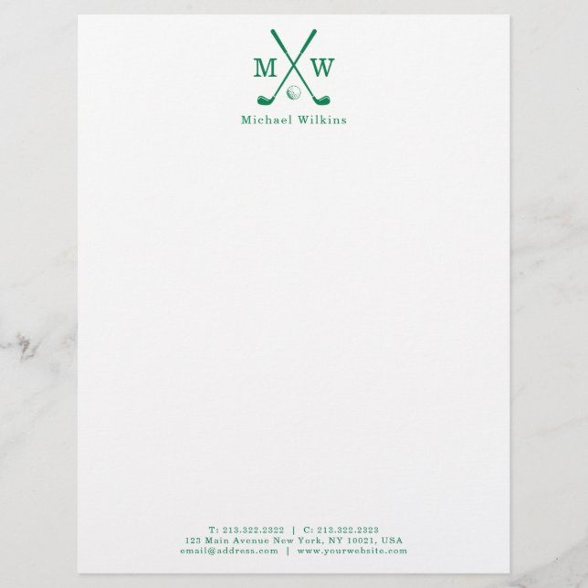 Modern Green Crossed Golf Club Ball Monogram Letterhead (Front)