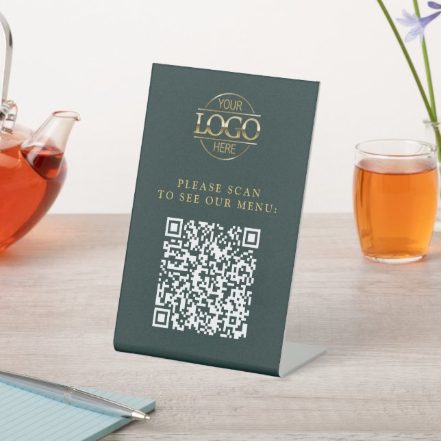 Modern Green Custom Business Logo QR Code Menu  Pedestal Sign (In SItu)