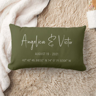 Modern Green Custom Coordinates Wedding Date Lumbar Pillow