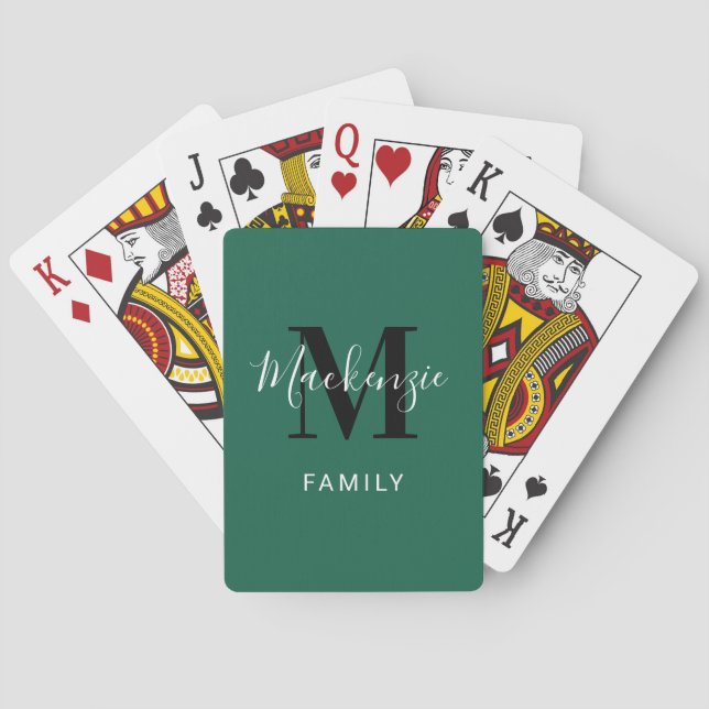 Modern Green Custom Family Monogram Initial Playing Cards (Back)
