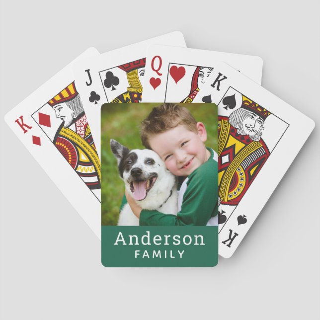 Modern Green Custom Family Photo Playing Cards (Back)