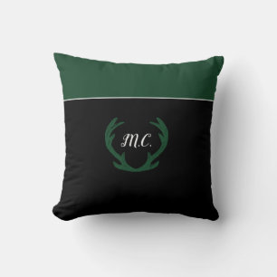 Modern Green Deer Antlers Monogram Throw Pillow