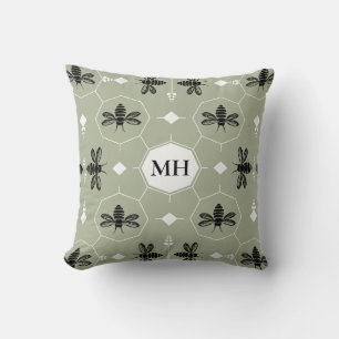 Modern Green Elegant Black Bee Pattern Monogram Throw Pillow