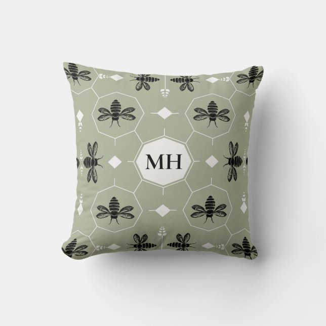 Modern Green Elegant Black Bee Pattern Monogram Throw Pillow (Front)