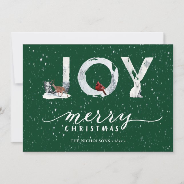 Modern Green Elegant Script JOY White Snow Overlay Holiday Card (Front)