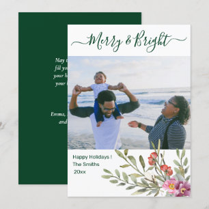 Modern Green Elegant Script Watercolor Floral  Holiday Card