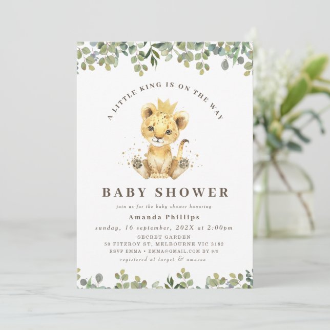 Modern Green Eucalyptus Foliage Lion Baby Shower Invitation (Standing Front)