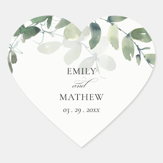 MODERN GREEN EUCALYPTUS FOLIAGE WATERCOLOR WEDDING HEART STICKER (Front)