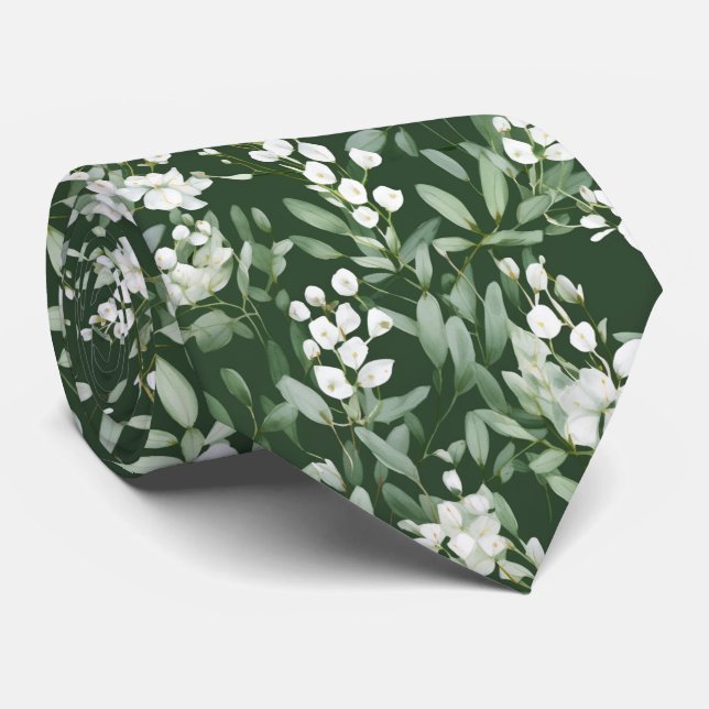 Modern Green Eucalyptus White Flower Pattern  Tie (Rolled)