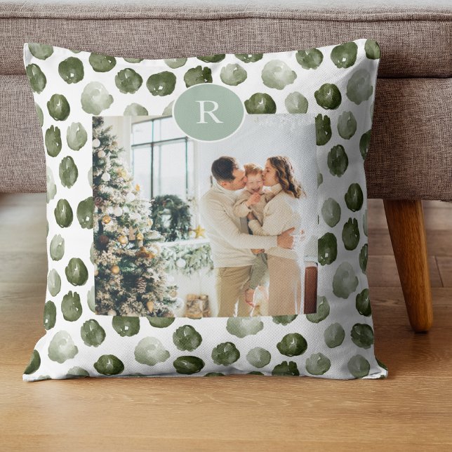 Modern Green | Family Photo | Initial Throw Throw  Pillow (Creator Uploaded)