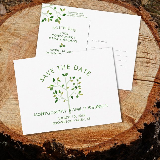Modern Green Family Reunion Tree SAVE THE DATE Invitation Postcard (Creator Uploaded)