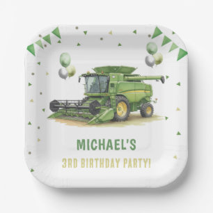 Modern Green Farm Tractor 3rd Birthday Paper Plate