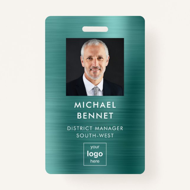 Modern Green Faux Metallic Corporate Photo ID Badge (Front)