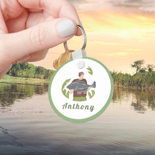 Modern Green Fisherman Illustration Fishing Name Keychain