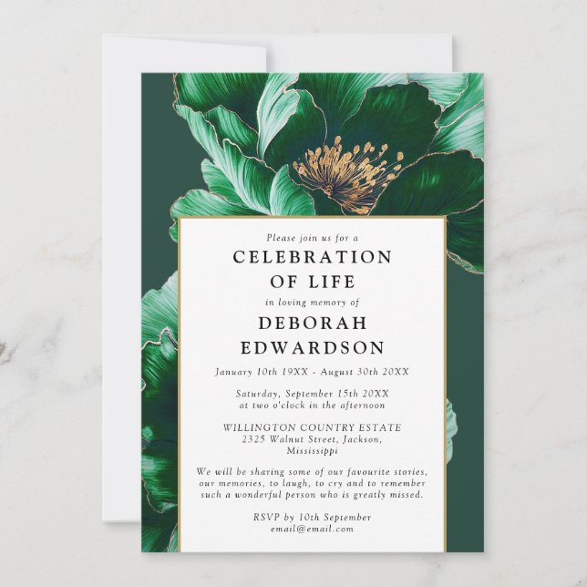 Modern Green Floral Celebration Of Life Invitation (Front)