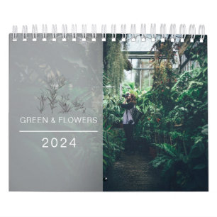 Modern Green & Flowers Family Photos Collage 2024 Calendar