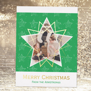 Modern Green Foil Stars Merry Christmas Photo Holiday Postcard
