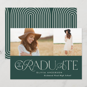 Modern green geometric 2 photo arch graduation announcement