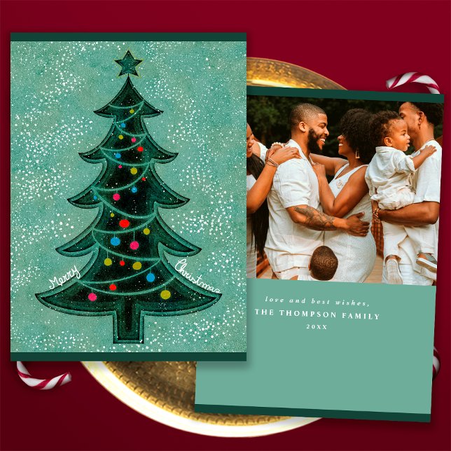 Modern Green Geometric Merry Christmas Tree Photo Holiday Card (Front and Back)